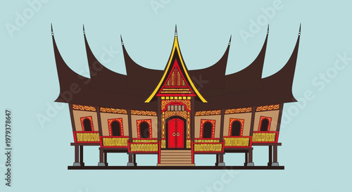 Traditional Minangkabau House Architecture, Indonesia, Vector Illustration