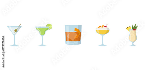 Set of five colorful classic cocktails icons