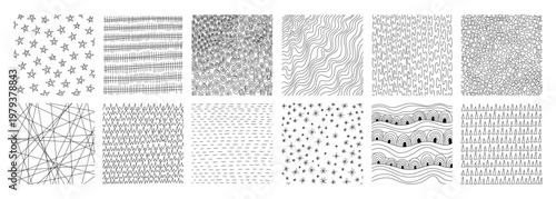 Hand-drawn crosshatch patterns with organic lines and pencil textures vector illustration set. Sketch-style hatching creates depth through diagonal strokes and cross-line shading techniques.