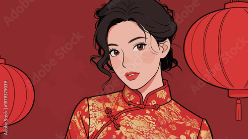 Woman in Traditional Chinese Cheongsam with Red Lanterns