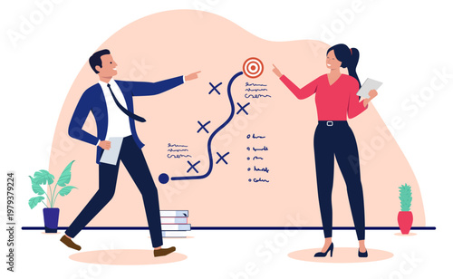 Professional business man and woman planning strategic path to goal on wall chart, corporate team collaborating on roadmap to reach target and success, flat design vector illustration