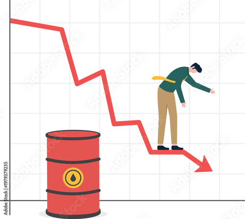 Professional looking at a falling red graph above an oil barrel