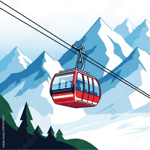Red Cable Car Gondola in Mountains.