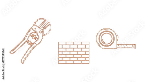 Construction Tools: An illustration of essential tools, featuring bolt cutters, a tape measure, and a brick wall, all crucial for various construction endeavors.