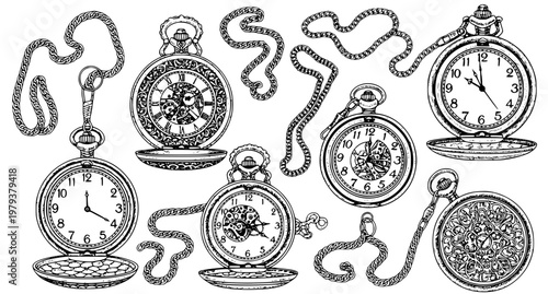 Pocket Watch Ink Sketch Vector Illustration Set – Retro Vintage Style