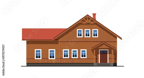 Traditional Wooden House Facade with Red Roof and White Windows
