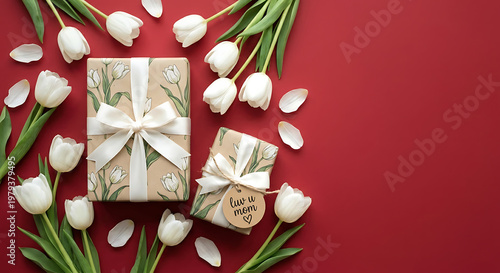 Mother's Day Gift Boxes with White Tulips on Deep Red Background. Minimalist Floral Flat Lay with Luv U Mom Tag and Spring Flowers.
