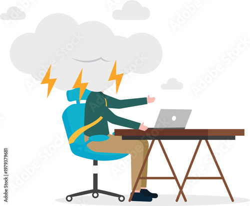 Professional at desk with storm cloud over head