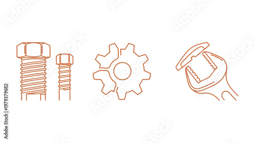 Mechanical Trio: A collection of mechanical elements, including bolts, gears, and a wrench, are carefully illustrated, ready to bring your vision to life. 