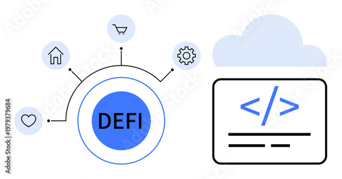 Blockchain, fintech, decentralized applications, cryptocurrency transactions, cloud storage, open banking. DEFI highlighted with icons for home, shopping and settings. Blockchain and fintech