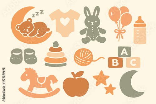 Baby items set naive flat vector illustration