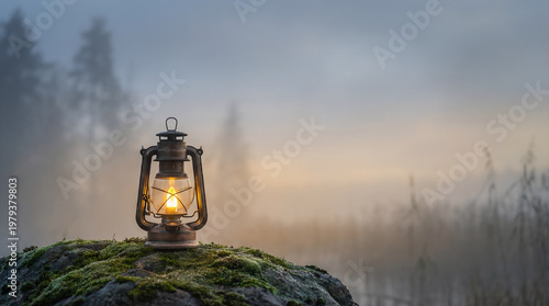 Vintage Lantern on Mossy Rock in Misty Forest - Concept of Guidance, Hope, and Adventure in Nature