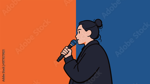 Woman Singing or Speaking with Microphone