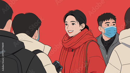 Group of people in winter clothing, red background