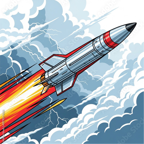 Silver Rocket Ship Launching into Space.