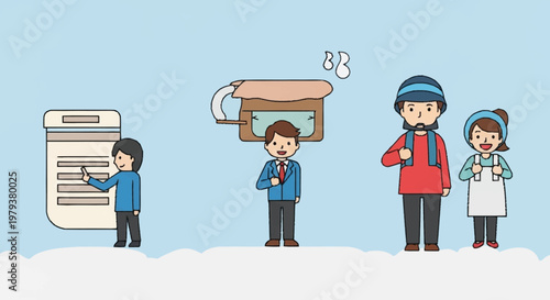 People standing in a line with documents.