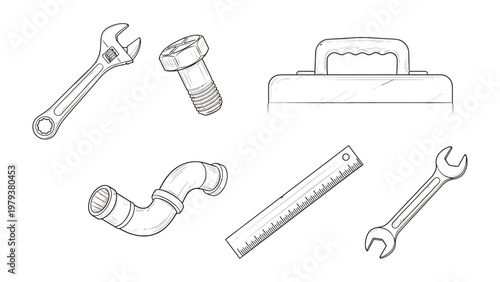 Essential Tools: An overhead shot captures a collection of essential tools laid out, each an emblem of craftsmanship. Includes adjustable wrench, bolt, toolbox, pipe, ruler and other necessary tools.