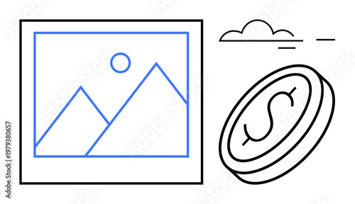 Photography rights, digital commerce, creative monetization, online licensing, intellectual property, ecommerce. Image of a framed landscape photo, coin and cloud. Photography rights and digital