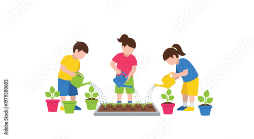 Three children are shown watering various potted plants and a seedling tray in this colorful, flat vector illustration.