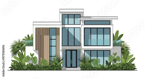 Modern Luxury House Exterior Design with Tropical Lush Greenery