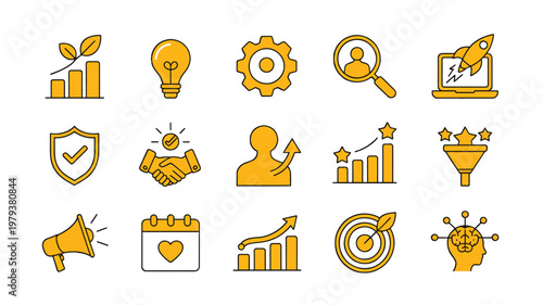 Outline business and marketing icon collection for productivity apps, startup pitch decks, and digital strategy infographic design projects