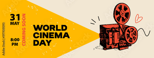 Retro sketch film projector with light ray. Cinema night, filmmaking, presentation concept. Vintage movie festival collage background. Hand drawn vector illustration.
