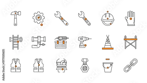 Construction Icon Set: A comprehensive set of construction-themed icons, meticulously crafted in a modern outline style, suitable for various design purposes