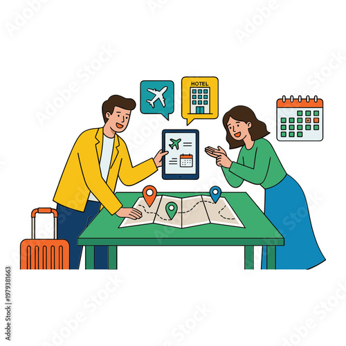 Couple planning travel itinerary together using map and tablet