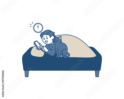 ベッドの中でスマホを見ている男性