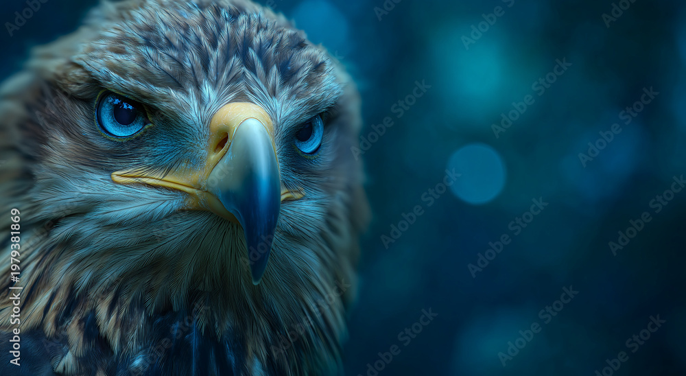 Naklejka premium close-up of an eagle's head, yellow beak blue eyes 