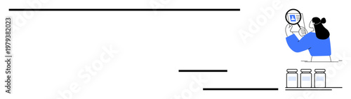 Research concept. Research illustrated by a scientist examining data with a magnifying glass near lab jars. Research theme promotes science, laboratory work, data analysis, and innovation. Ideal