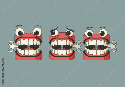 Funny Wind-Up Chattering Teeth Illustration: Set of Three Vintage Toy Dentures with Expressive Eyes