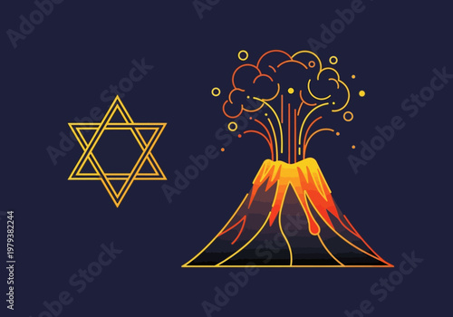 Minimalist Line Art of Star of David and Erupting Volcano Representing Geopolitical Tension and Power