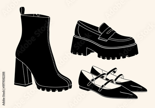 Minimalist Black Footwear Icon Set Featuring Trendy Platform Boots, Chunky Loafers, and Pointed Mary Jane Flats