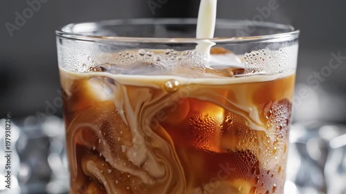 Cold Coffee Visuals. Chilled Coffee Cascading With Milk Splashes And Condensation Patterns. Photograph Capturing Cold Brew With Swirling Milk Droplets And Intricate Condensation Designs.