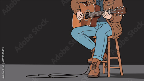 Illustrated Man Playing Acoustic Guitar on Stool