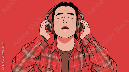 Man with headphones enjoying music in red background