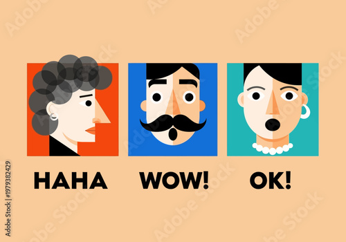 Vector Flat Illustration of Stylized Characters with Emotional Reactions and Text: Haha, Wow, and Ok