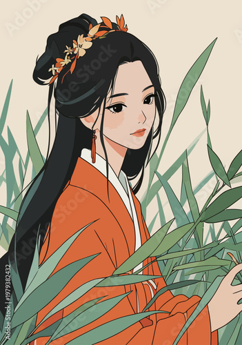 Chinese Woman in Traditional Orange Hanfu Among Grasses