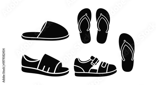 Variety of summer footwear displayed in a black silhouette
