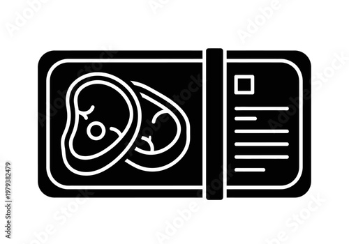 Meat Packaging Tray Icon with Beef Steaks and Label, Minimalist Vector Illustration for Butchery and Supermarket Concepts
