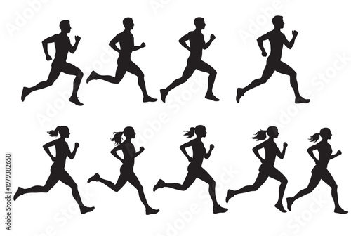 Running man and woman silhouette set, athletic joggers in motion sequence, black vector icons of people sprinting and exercising on white background