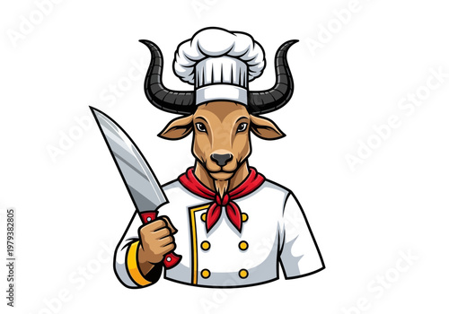 Professional Goat Chef Mascot Character Illustration Holding a Kitchen Knife for Restaurant Branding and Logo Design