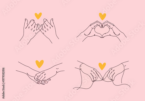 Minimalist Line Art Hand Gestures for Love and Friendship - Set of Romantic Hand Illustration Icons with Yellow Hearts on Pink Background