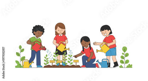 A group of four multi-ethnic children are depicted watering and caring for small green plants in a garden bed, promoting environmental education.