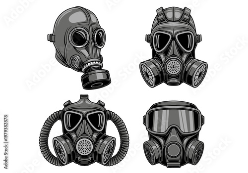 Set of 4 Tactical Gas Mask Vector Illustrations, Post-Apocalyptic Respirator Icons for Military, Industrial Safety, and Survivalist Design