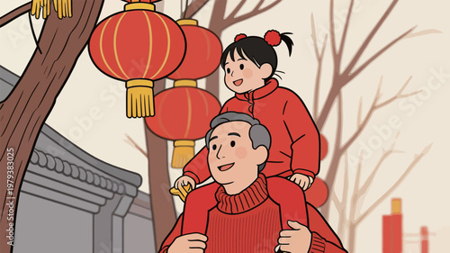 Grandfather Carrying Granddaughter in Red Clothing