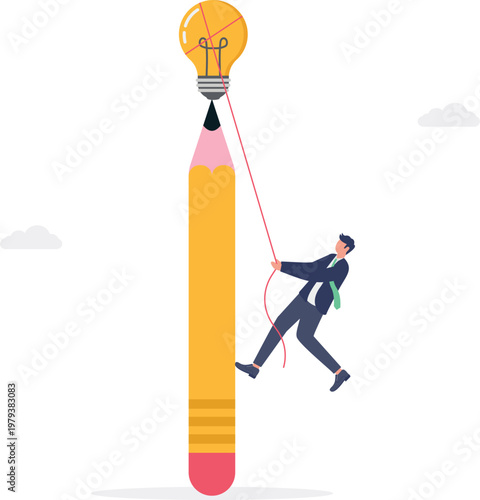 Professional climbing a giant pencil to reach an idea