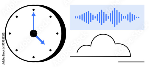 Time management concept. Clock schedules and efficiency. Cloud storage and soundwave communication. For productivity, remote work, media, and technology
