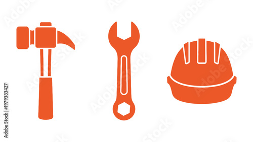Construction Toolkit: Featuring a vivid set of essential tools - a sturdy hammer, a versatile wrench, and a protective helmet - all icons, symbolizing construction and manual labor. 